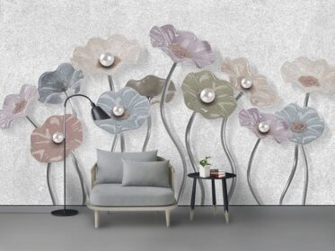 دانلود طرح کاغذ دیواری مدرن زیبا و ساده نقاشی رنگ روغن سه بعدی دیوار با زمینه خاکستری بلند گل