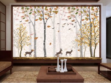دانلود طرح کاغذ دیواری چینی رویایی درخت جنگل گوزن تلویزیون پس زمینه دیوار