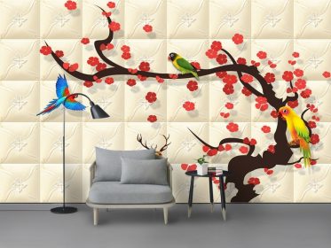 دانلود طرح کاغذ دیواری مدرن زیبای شکوفه آلو پرنده گوزن پس زمینه تلویزیون دیوار