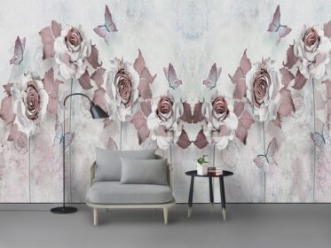 دانلود کاغذ دیواری طرح مدرن نقاشی رنگ روغن سه بعدی گل ظریف دیوار پس زمینه تلویزیون پروانه