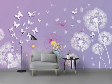 دانلود کاغذ دیواری طرح مدرن مینیمالیستی بنفش سه بعدی دختر قاصدک پروانه دیوار پس زمینه تلویزیون