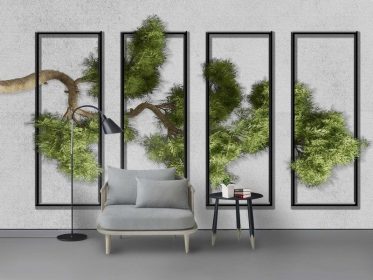 دانلود کاغذ دیواری طرح مدرن خلاقانه سه بعدی قاب مشکی شاخ درخت کاج پس زمینه دیوار