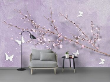 دانلود کاغذ دیواری طرحی مدرن و زیبای صورتی سه بعدی دیوار زمینه پروانه شاخه گل
