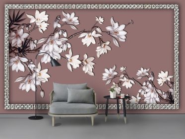 دانلود کاغذ دیواری طرح جدید مدرن با قاب سه بعدی شاخه گل پس زمینه دیوار