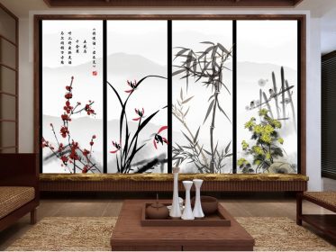 دانلود کاغذ دیواری طرح جدید آلو چینی ارکیده بامبو دیزی نقاشی دستی با جوهر نقاشی پس زمینه نقاشی دیواری
