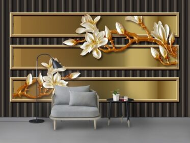 دانلود کاغذ دیواری طرح مینیمالیستی مدرن آینه استریو سه بعدی ماگنولیا فرفورژه دیوار تزئینی