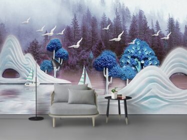 دانلود طرح کاغذ دیواری نسل نوردیک جنگل قایقرانی منظره نقاشی دیوار پس زمینه تلویزیون.