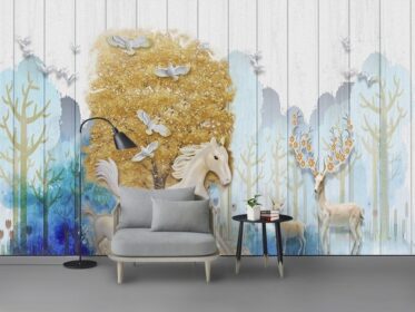 دانلود طرح کاغذ دیواری نقاشی رنگ روغن مدرن، درخت ثروتمند، اسب، کبوتر پرنده، الک، پرنده، جنگل، دیوار