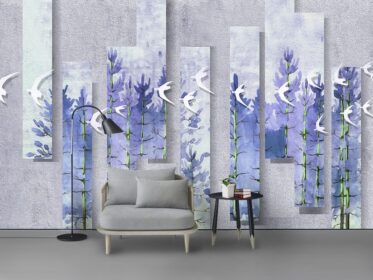 دانلود طرح کاغذ دیواری مدرن آبی با آبرنگ چوب های برجسته دیوار پس زمینه پرندگان پرنده