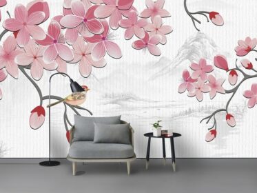دانلود کاغذ دیواری طرح ساده به سبک مدرن صورتی شاخه گل پرنده دیوار پس زمینه تلویزیون سفارشی