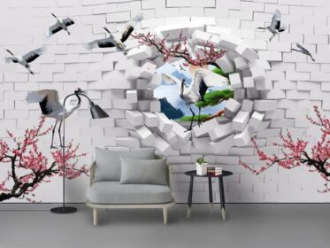 دانلود طرح کاغذ دیواری مدرن سه بعدی خلاقانه سنگ آجری نقاشی منظره آلو جرثقیل سفید پس زمینه دیوار تلویزیون