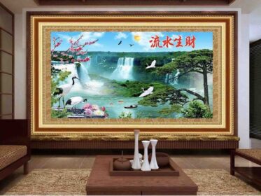 دانلود طرح کاغذ دیواری طرح چینی با قاب جریان آبزی ثروت کاج جرثقیل درخت کاج درخت کاج آبشار تلویزیون پس زمینه دیوار
