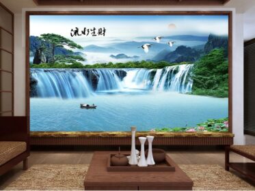 دانلود کاغذ دیواری طرح چینی منظره سنتی استقبال از منظره کاج نقاشی پس زمینه تلویزیون آب و ثروت