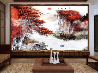 دانلود طرح کاغذ دیواری به سبک چینی، نقاشی منظره جوهر و شستشو، دیوار پس زمینه تلویزیون خوش شانس