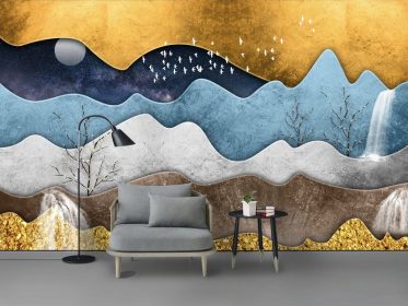 دانلود کاغذ دیواری طرح مدرن با شکل هندسی مینیمالیستی فویل طلایی انتزاعی درخت آبشار ماه پس زمینه دیوار