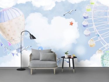 دانلود طرح کاغذ دیواری مدرن مینیمالیستی نقاشی شده با دست کارتونی بالن آسمانی دیوار پس زمینه اتاق کودک