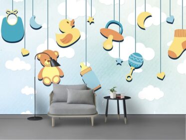دانلود کاغذ دیواری طرح مینیمالیستی کارتونی آبی جوجه اردک دیوار پس زمینه اتاق کودک