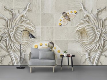 دانلود کاغذ دیواری طرح سه بعدی با بافت ماسه سنگ برجسته گل آفتابگردان نقش برجسته پروانه دیوار پس زمینه تلویزیون