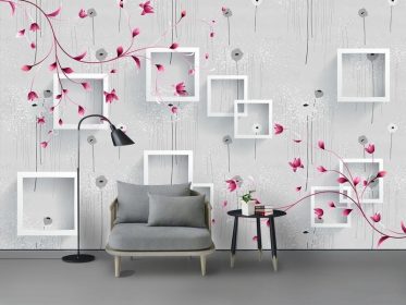 دانلود کاغذ دیواری طرح مدرن مینیمالیستی قاب هندسی 3 بعدی شاخه گل صورتی دیوار پس زمینه اروپایی