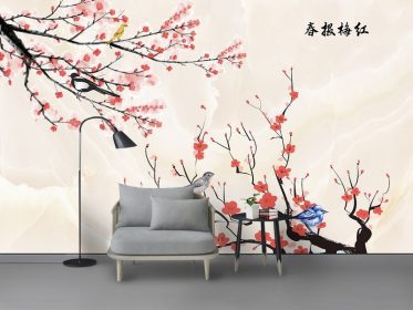 دانلود طرح کاغذ دیواری به سبک چینی جوهر نقاشی شده با دست آلو قرمز گزارش دیوار پس زمینه تلویزیون