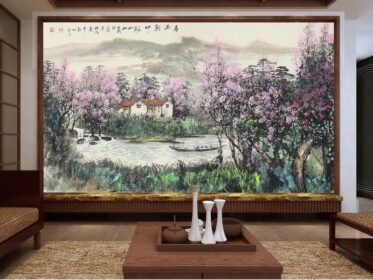 دانلود کاغذ دیواری طرح جدید هنر چینی رنگارنگ نقاشی منظره نقاشی دیواری