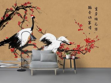 دانلود طرح کاغذ دیواری به سبک چینی جوهر نقاشی شده با دست نقاشی جرثقیل سفید گل دیوار پس زمینه پرنده