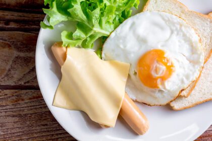 دانلود عکس مفهوم صبحانه آمریکایی تخم مرغ سرخ شده با نان ورقه شده