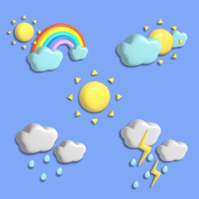 دانلود آیکون سه بعدی نماد آب و هوا مجموعه خورشید ابر باران و رنگین کمان وکتور