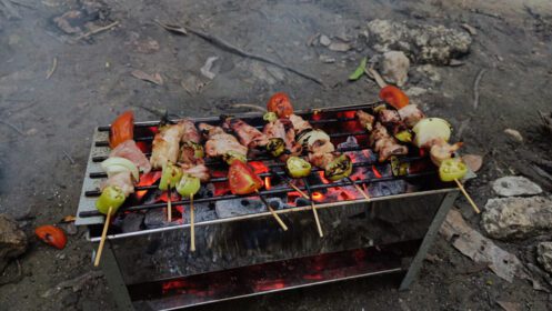 دانلود عکس کباب سیخ کباب گوشت با سبزیجات روی شعله