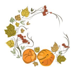 دانلود اکلیل پاییزی با کدو تنبل نارنجی و برگ های پاییزی و