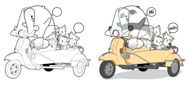 دانلود کارتون پاندای شایان ستایش اسکوتر سواری با گربه به راحتی صفحه رنگ آمیزی برای بچه ها