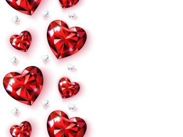 دانلود بنر با حاشیه های عمودی از یاقوت قرمز و الماس جواهرات قلبی شکل کارت ولنتاین برای روز ولنتاین تصویر عروسی روز زنان جدا شده بر روی پس زمینه سفید وکتور