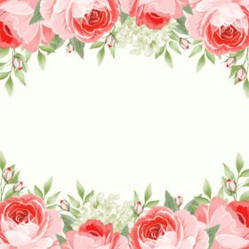 دانلود قالب کارت مربع خالی با جوانه های گل رز انگلیسی صورتی گل ادریسی و حاشیه برگ سبز جدا شده در پس زمینه سبز روشن