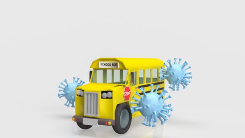 دانلود عکس اتوبوس مدرسه و ویروس در زمینه سفید برای آموزش