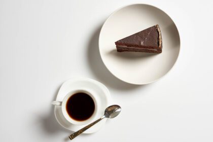دانلود عکس تکه کیک شکلاتی با لیوان قهوه در پس زمینه سفید