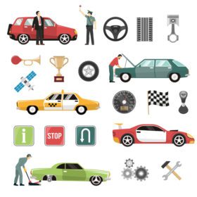 دانلود آیکون خدمات خودکار تاکسی مسابقات اتومبیلرانی مسابقه ویژگی ها و علائم جاده مجموعه نمادهای تخت تصویر برداری جدا شده