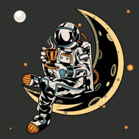 دانلود فضانورد نشسته روی ماه در حالی که یک فنجان تی شرت قهوه را در دست دارد و طراحی شیک پوشاک با تایپوگرافی ساده مناسب برای چاپ پوستر گرافیکی تی شرت و سایر موارد استفاده از تصویر برداری