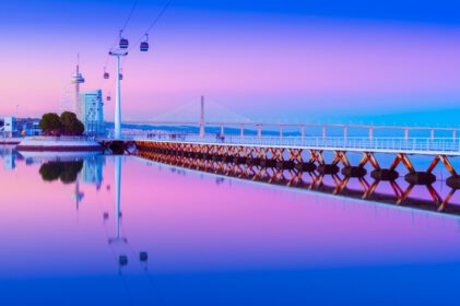 دانلود عکس منظره شهری عصر لیسبون که در آب پرتغال آینه شده است