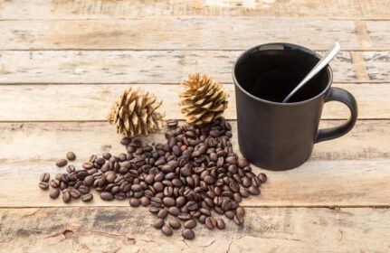 دانلود عکس دانه های قهوه و فنجان قهوه در پس زمینه چوبی