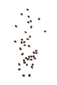 دانلود عکس افتادن دانه های قهوه جدا شده روی پس زمینه سفید با مسیر برش