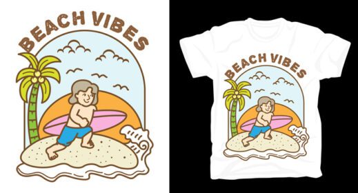 دانلود طرح تی شرت تصویرسازی ساحل و موج سواری
