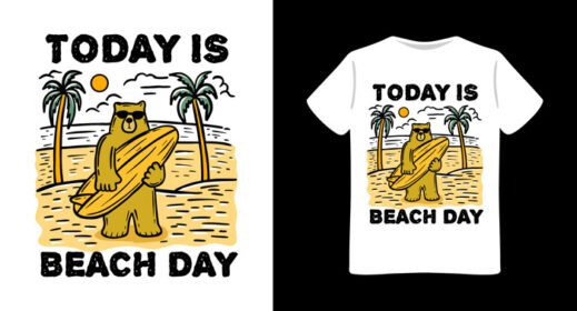 دانلود طرح تی شرت خرس در ساحل با تصویر تخته موج سواری