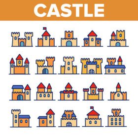 دانلود آیکون قلعه ساختمان های قرون وسطی خطی آیکون های وکتور مجموعه