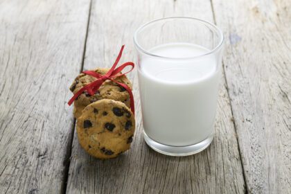 دانلود عکس کوکی و لیوان شیر روی میز چوبی