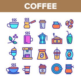 دانلود آیکون رنگی تجهیزات قهوه علامت علامت مجموعه وکتور