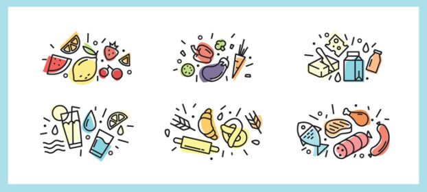 دانلود آیکون آیکون های رنگارنگ غذا با به سبک مد روز برای وب و چاپ میوه سبزیجات دفتر خاطرات گوشت ماهی غذاهای دریایی و شیرینی