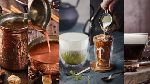 دانلود عکس کلاژ غذا از عکس نوشیدنی های گرم زمستانی چای لاته و قهوه
