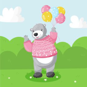 دانلود کارتون خرس ناز با بادکنک برای بچه ها یا پیراهن بچه گانه طرح مد چاپ گرافیکی لباس بچه ها