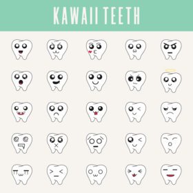 دانلود آیکون دندان های کوچک زیبا به سبک کاوایی مجموعه شکلک های شکلک