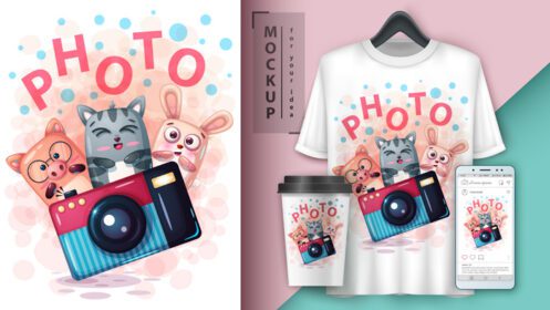 دانلود کارتونی گربه خوک و خرگوش با طرح عکس دوربین ماکت روی فنجان قهوه تی شرت و صفحه نمایش گوشی هوشمند
